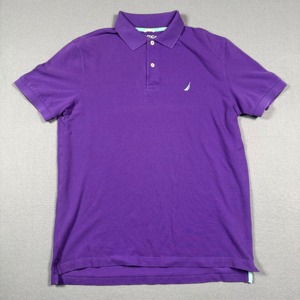 Nautica Mens Classic Fit Pique Polo Shirt Purple Short Sleeve‎ Large Logo